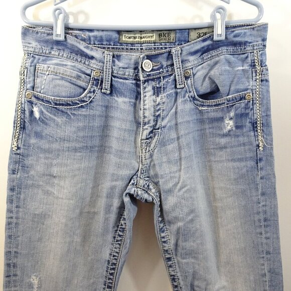 Buckle BKE Jeans Mens 32L Blue Light Wash Denim Straight Leg Carter Distressed - Picture 3 of 9